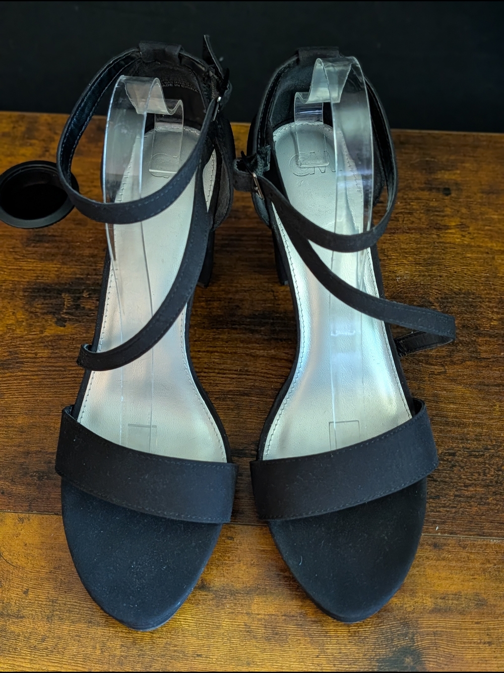 C&M Black Strappy Platform Sandals 12W Wide Ankle Buckle Chunky Heels Club Wear - Picture 5 of 8